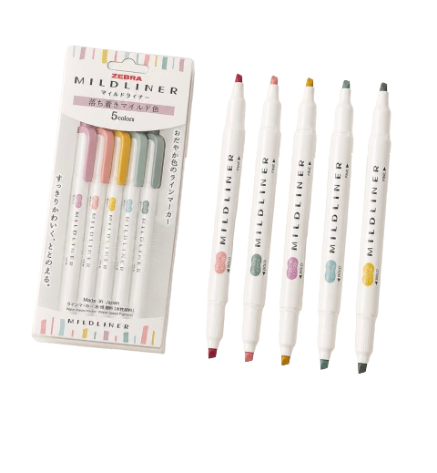 Zebra Mildliner Highlighters Set of 5 – Japanese Dual Tip Markers for Journaling, Planning & Study