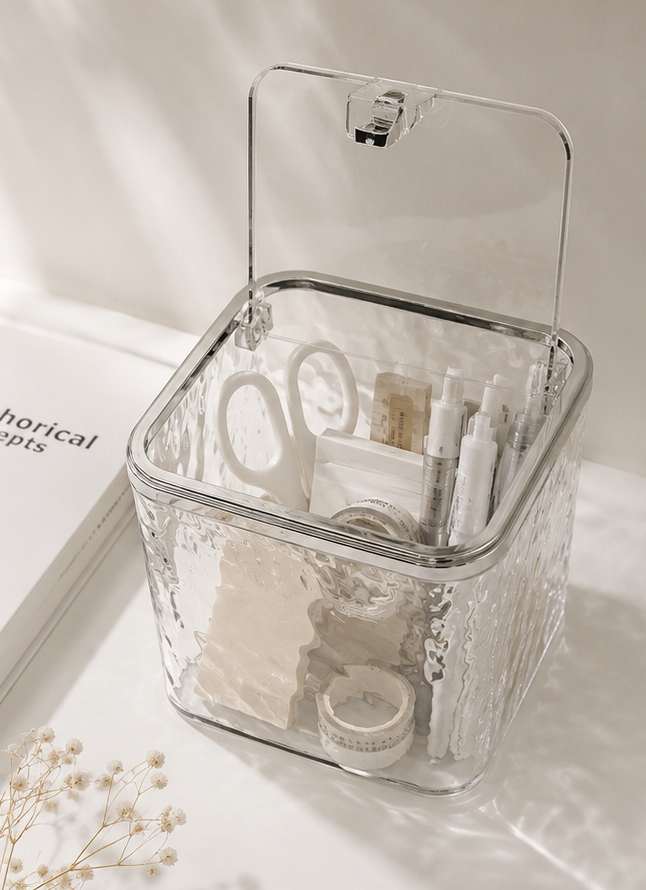 Clear Acrylic Stationery Storage Box with Lid | Transparent Desktop Organizer for Pens, Washi Tape & Desk Accessories