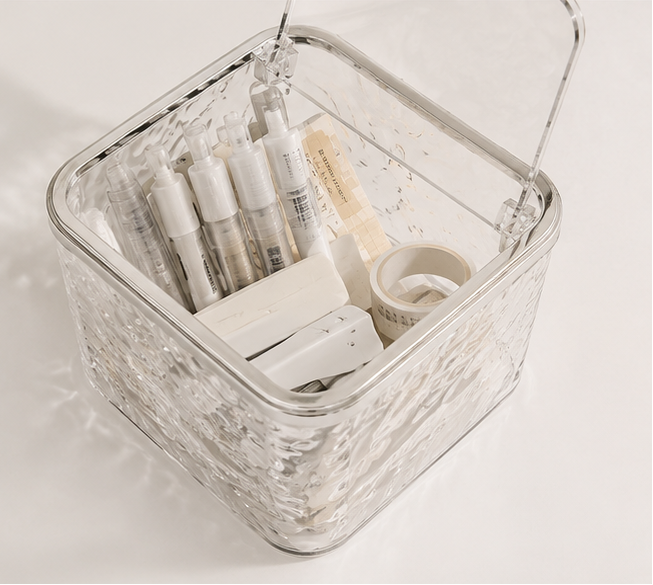 Clear Acrylic Stationery Storage Box with Lid | Transparent Desktop Organizer for Pens, Washi Tape & Desk Accessories