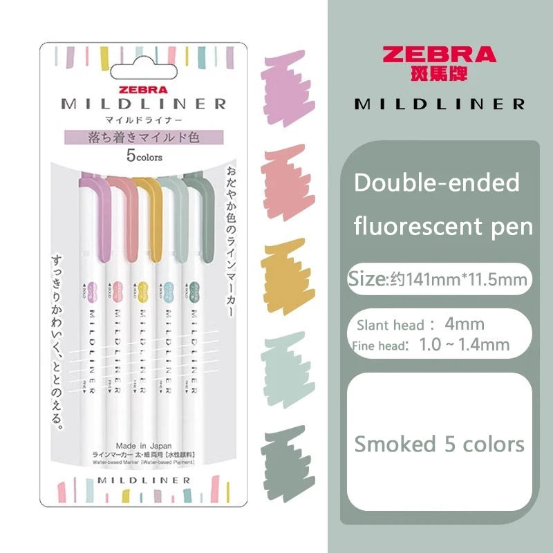 Zebra Mildliner Highlighters Set of 5 – Japanese Dual Tip Markers for Journaling, Planning & Study