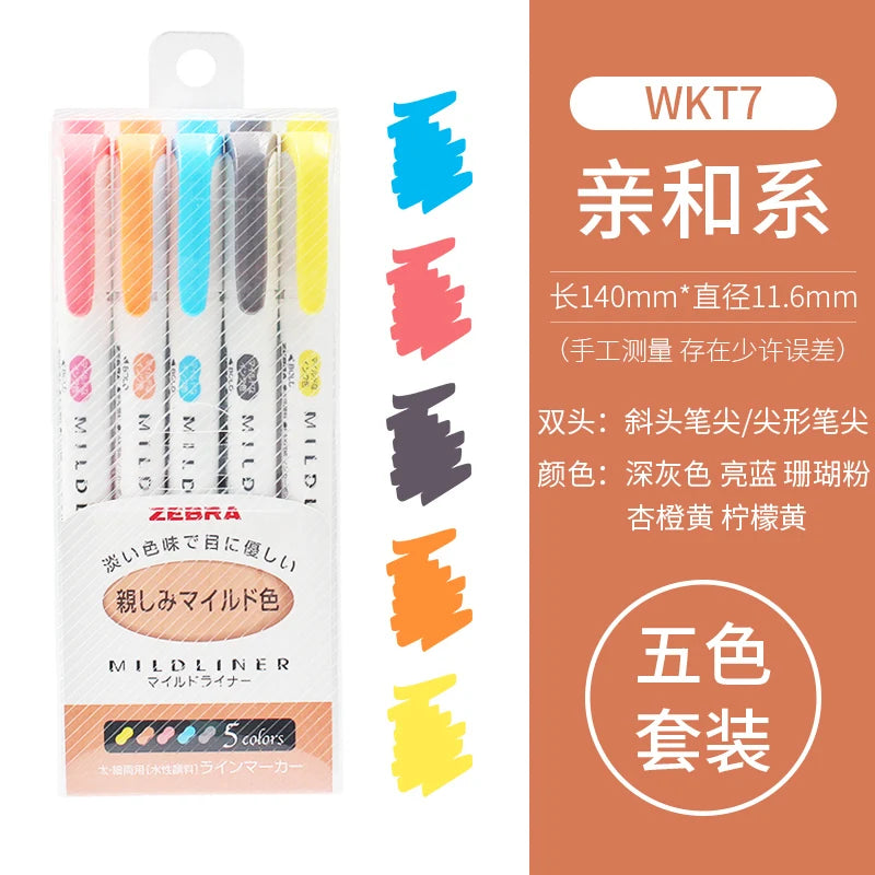 Zebra Mildliner Highlighters Set of 5 – Japanese Dual Tip Markers for Journaling, Planning & Study