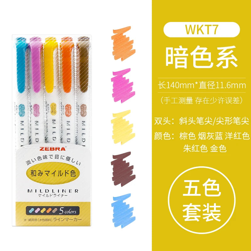 Zebra Mildliner Highlighters Set of 5 – Japanese Dual Tip Markers for Journaling, Planning & Study