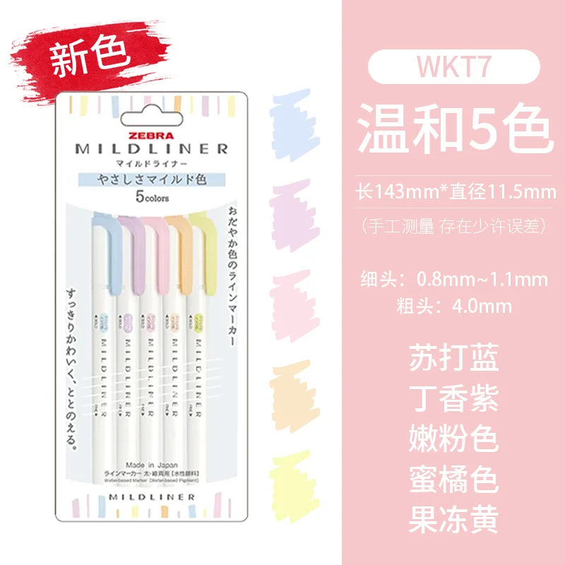 Zebra Mildliner Highlighters Set of 5 – Japanese Dual Tip Markers for Journaling, Planning & Study