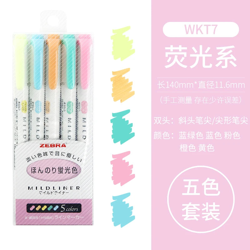 Zebra Mildliner Highlighters Set of 5 – Japanese Dual Tip Markers for Journaling, Planning & Study