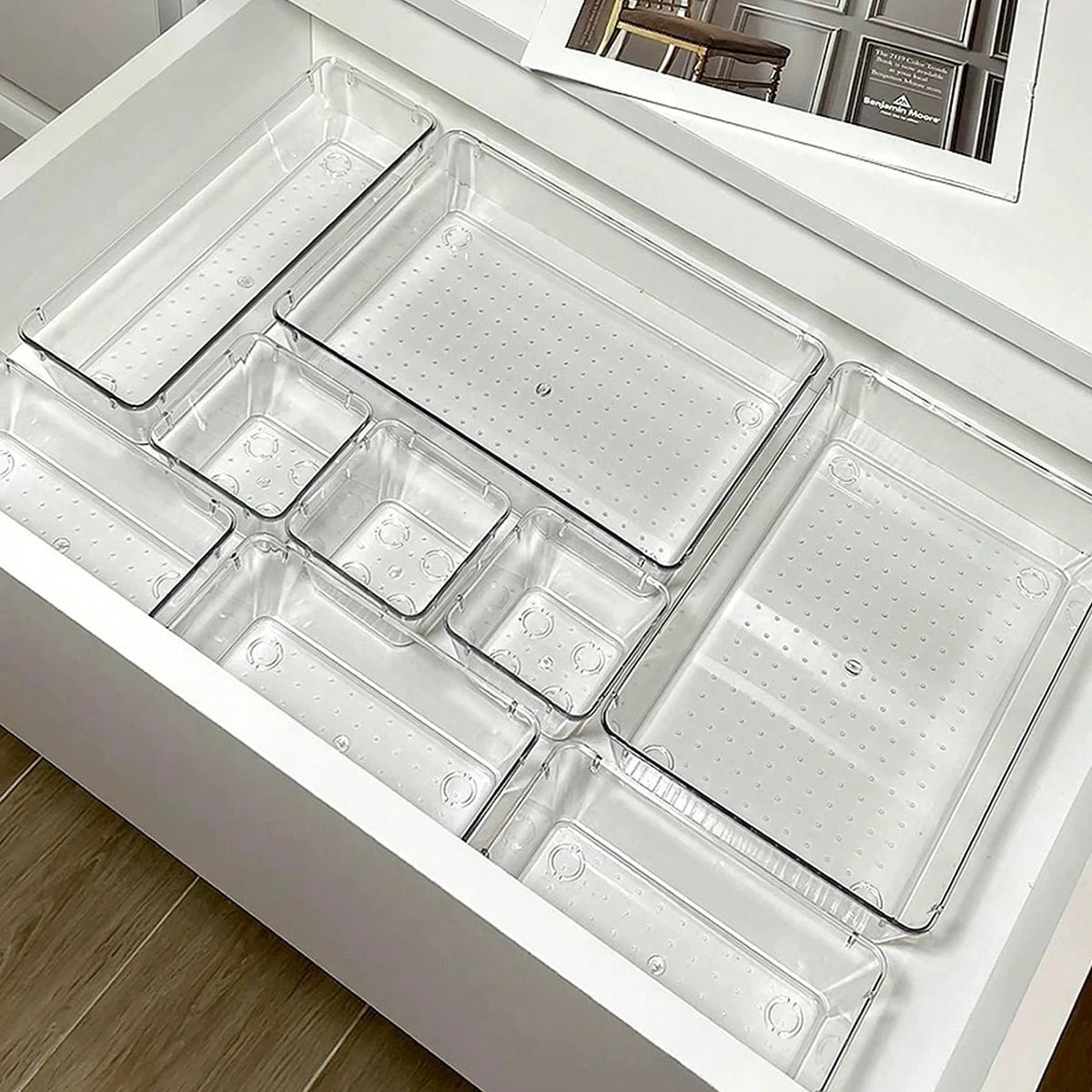 7-Piece Clear Plastic Desk Drawer Organizer Set | Transparent Storage for Office, Bathroom & Makeup