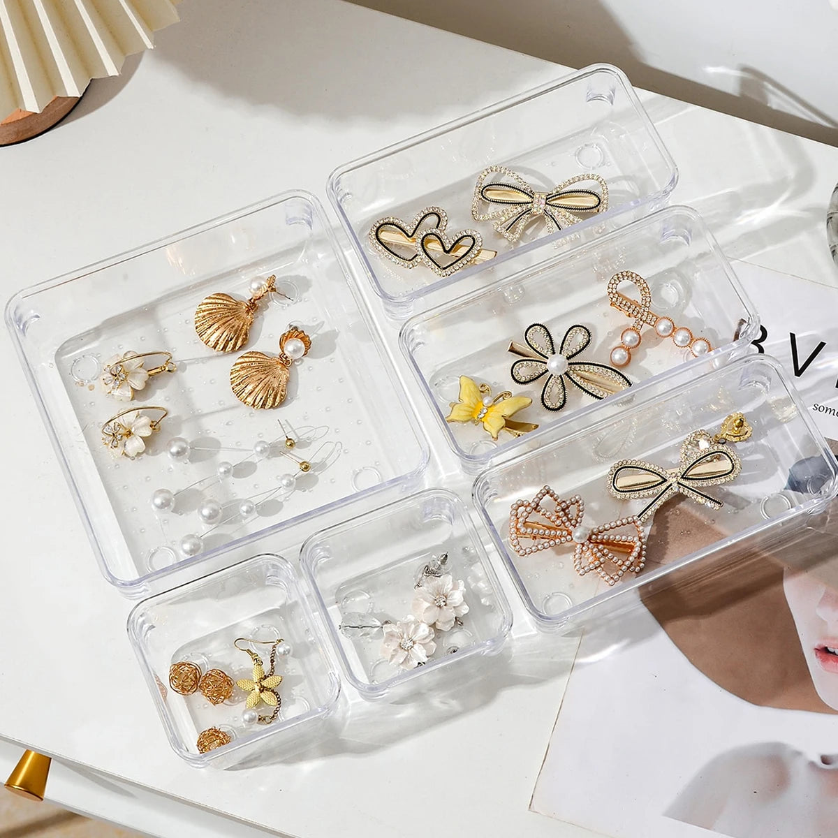 7-Piece Clear Plastic Desk Drawer Organizer Set | Transparent Storage for Office, Bathroom & Makeup