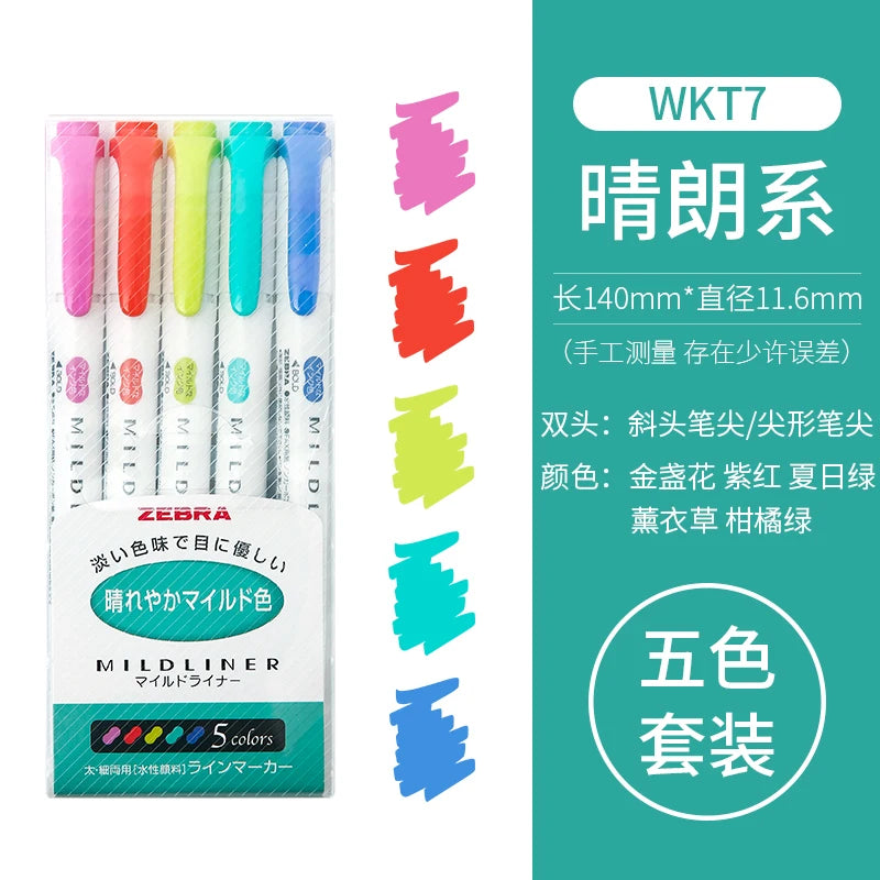 Zebra Mildliner Highlighters Set of 5 – Japanese Dual Tip Markers for Journaling, Planning & Study