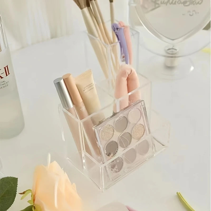 1pc The Transparent Acrylic Three-compartment Pen Holder for Desk Renovation, Student Desktop Storage Box
