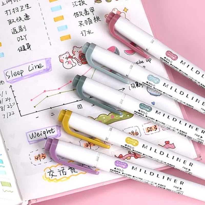Zebra Mildliner Highlighters Set of 5 – Japanese Dual Tip Markers for Journaling, Planning & Study