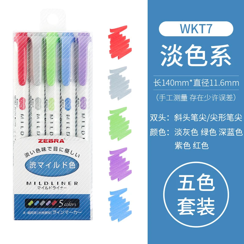 Zebra Mildliner Highlighters Set of 5 – Japanese Dual Tip Markers for Journaling, Planning & Study