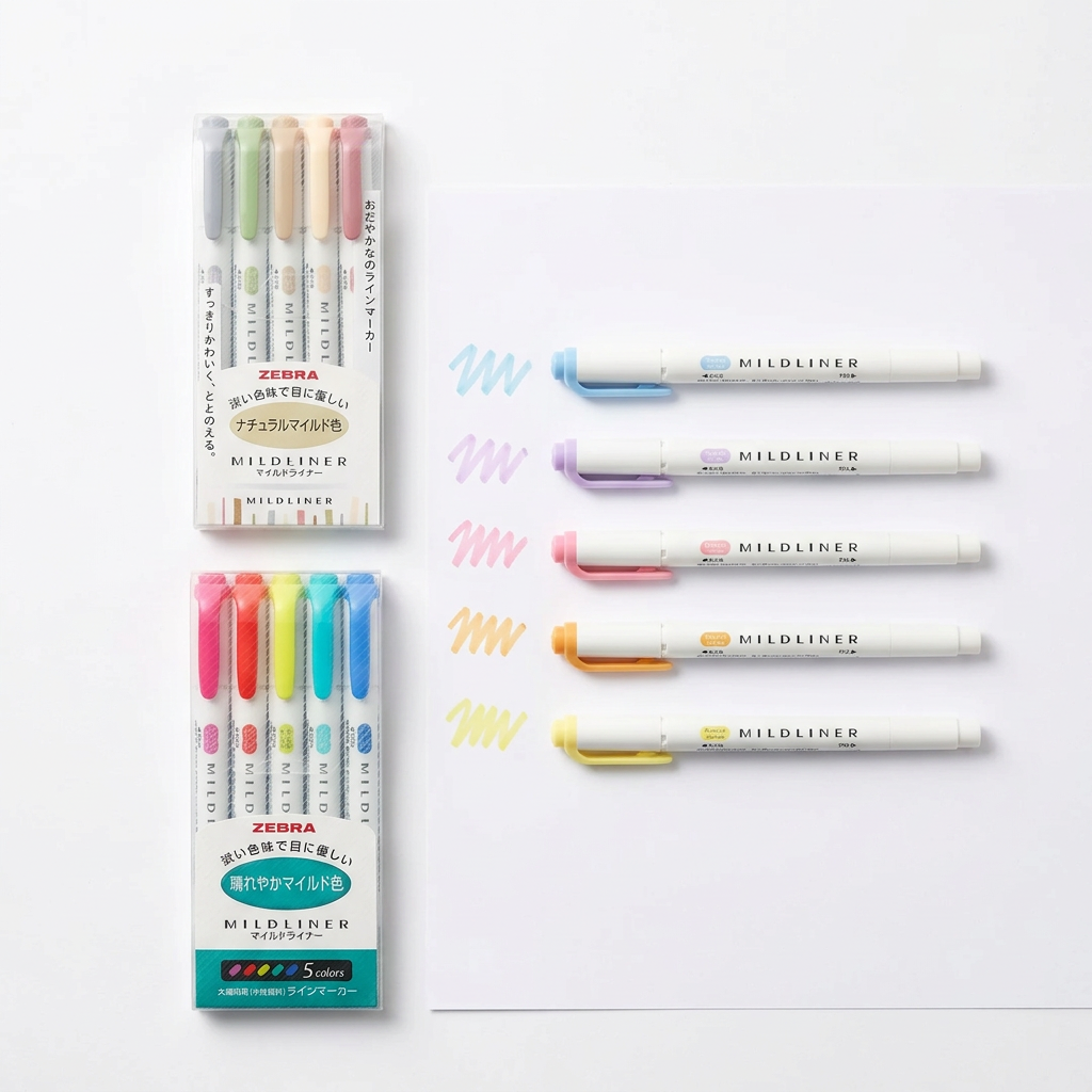 Composición de sets Mildliner con plumones sueltos y trazos
