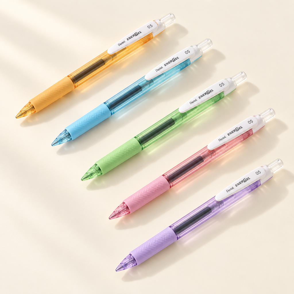 Composición editorial premium de cinco Pentel EnerGel