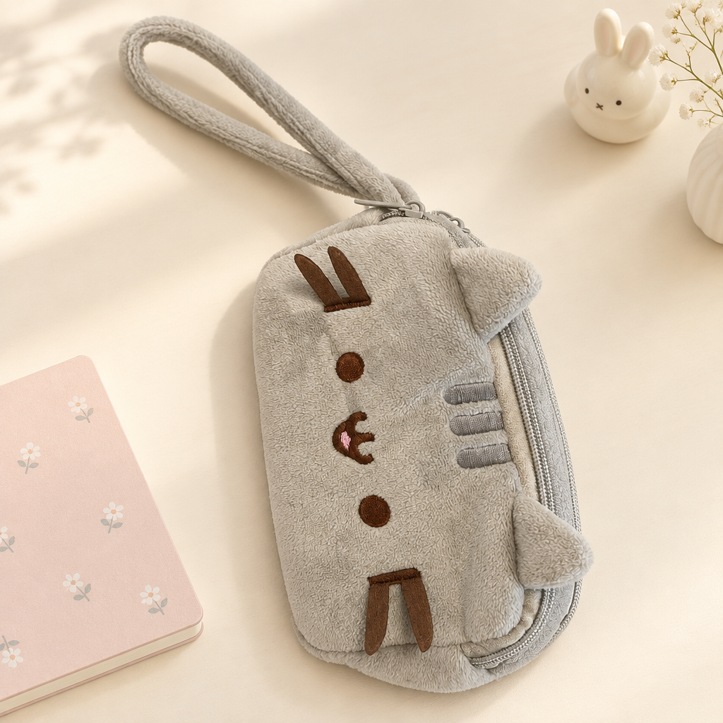 Estuche de conejito sobre escritorio minimalista
