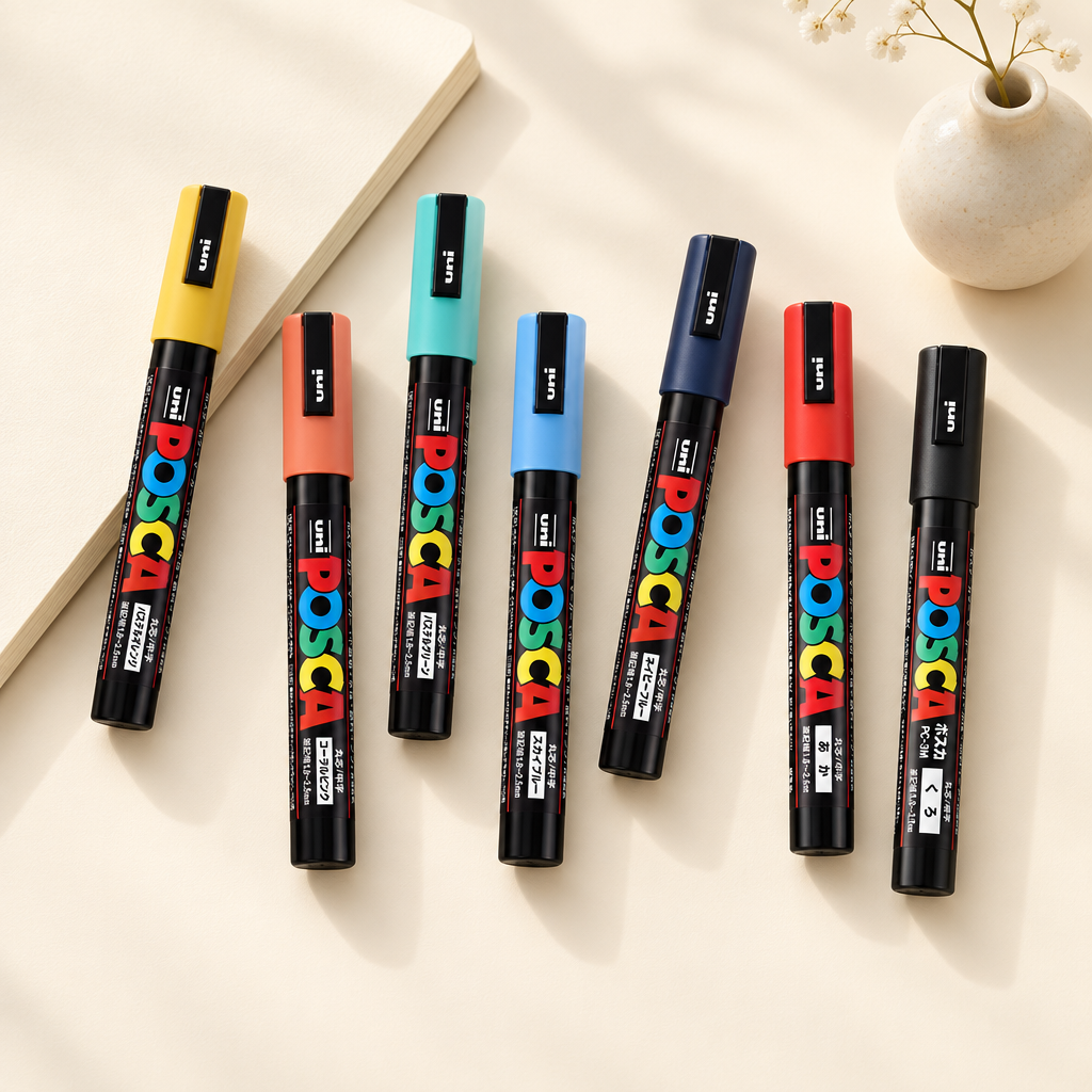 Marcadores POSCA sobre escritorio minimalista