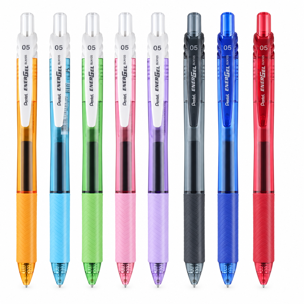 Ocho colores Pentel EnerGel, imagen limpia de catálogo