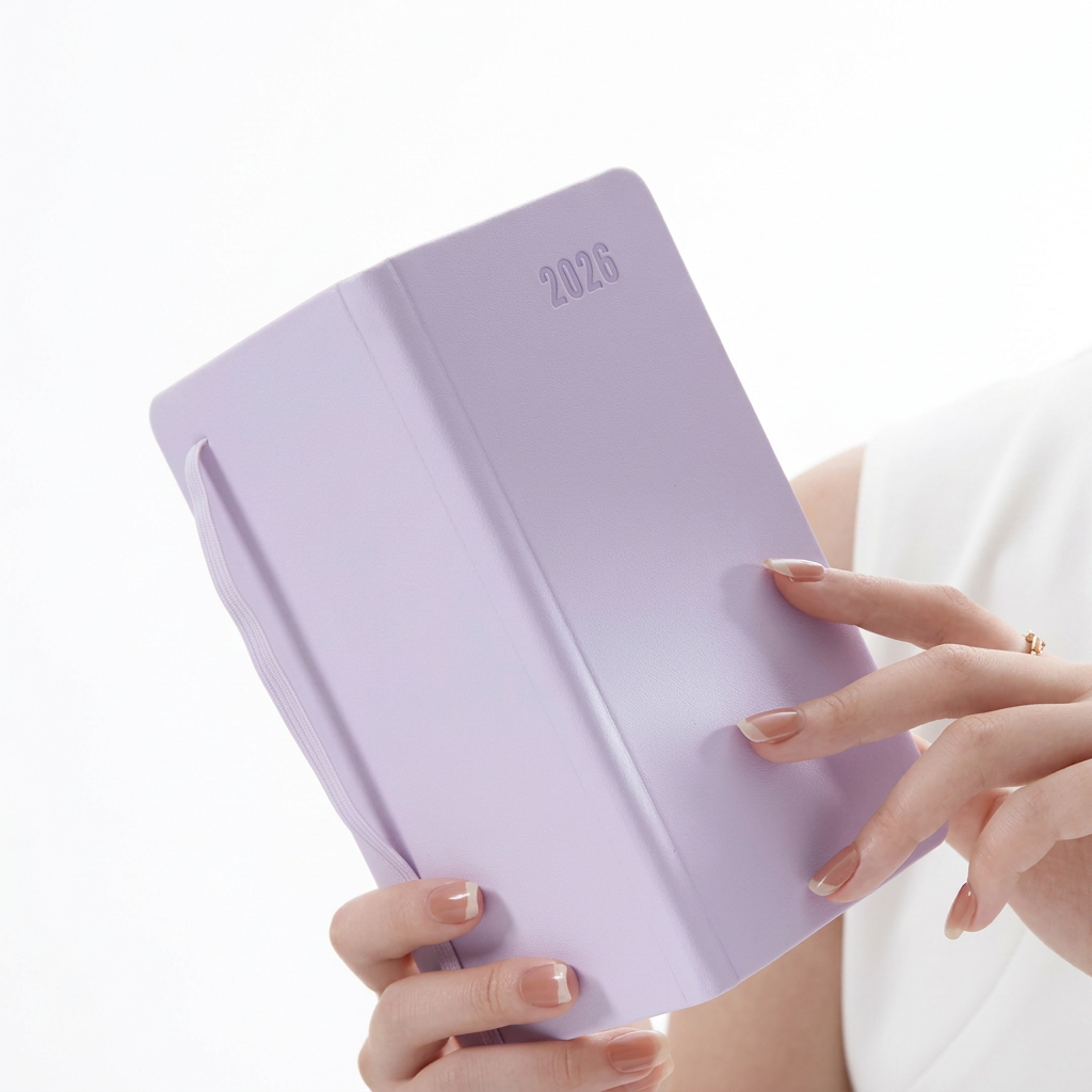 Planner lavanda sostenido en las manos