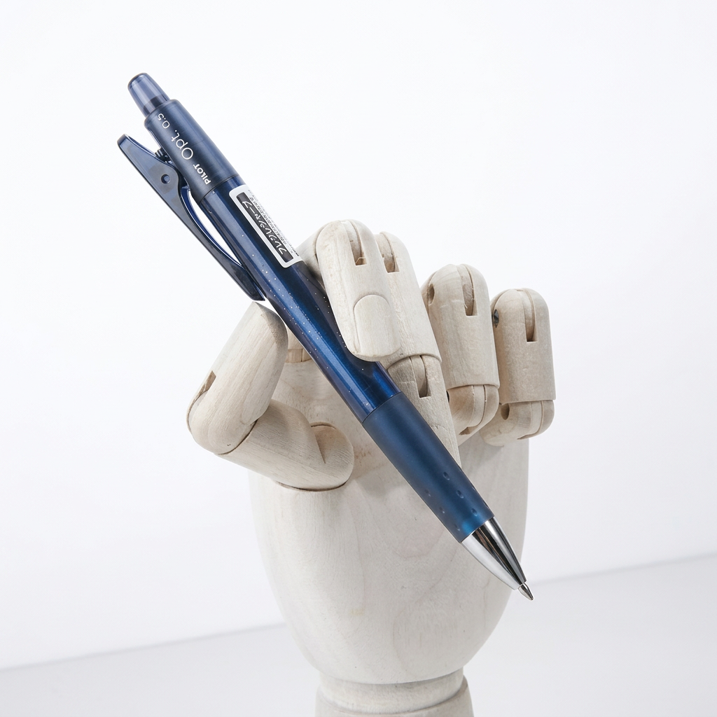 Portaminas azul sostenido por una mano articulada sobre fondo blanco