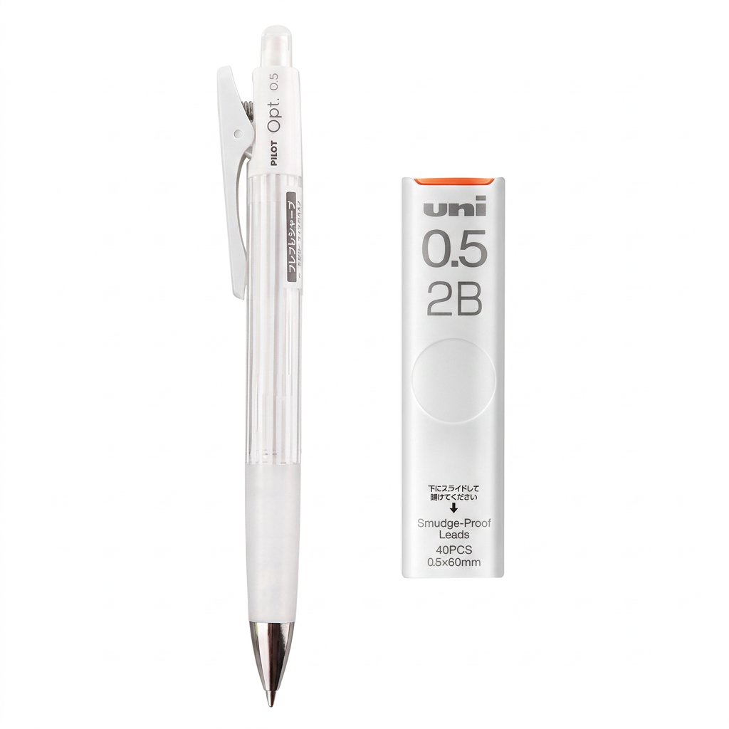 Portaminas blanco a rayas con estuche de minas 2B