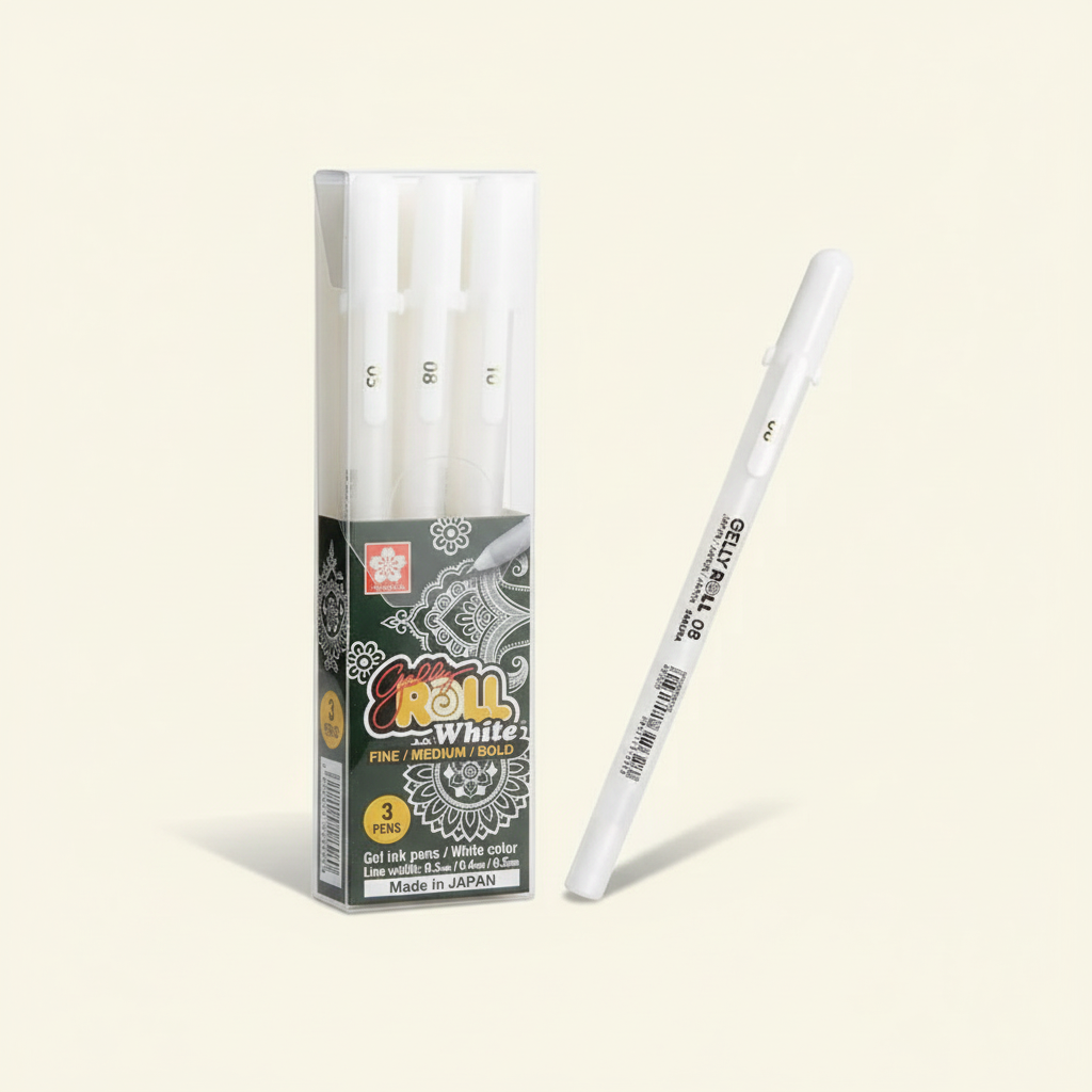 SAKURA Gelly Roll White Gel Pen en composición de catálogo
